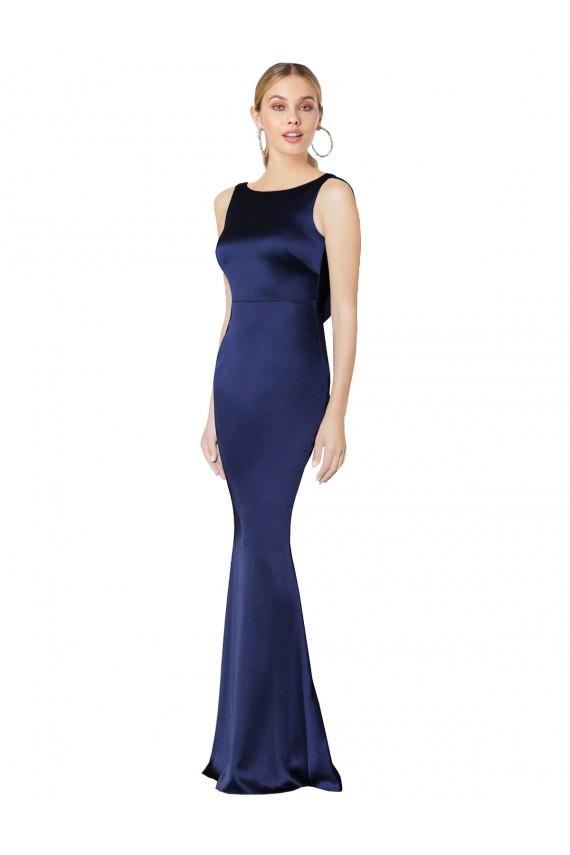 Azul marina oscuro Cubierta Halter Cuello Alto Satén elástico Largo Formales Vestidos de dama de honor / Vestidos de fiesta