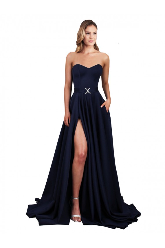 Azul marina oscuro línea A Cuello Alto Crepé Elástico Largo Formales Vestidos de dama de honor / Vestidos de fiesta