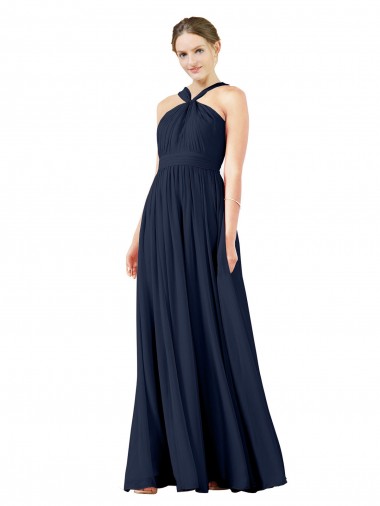Azul marina oscuro línea A Cuello en V Gasa Largo Vestidos de dama de honor