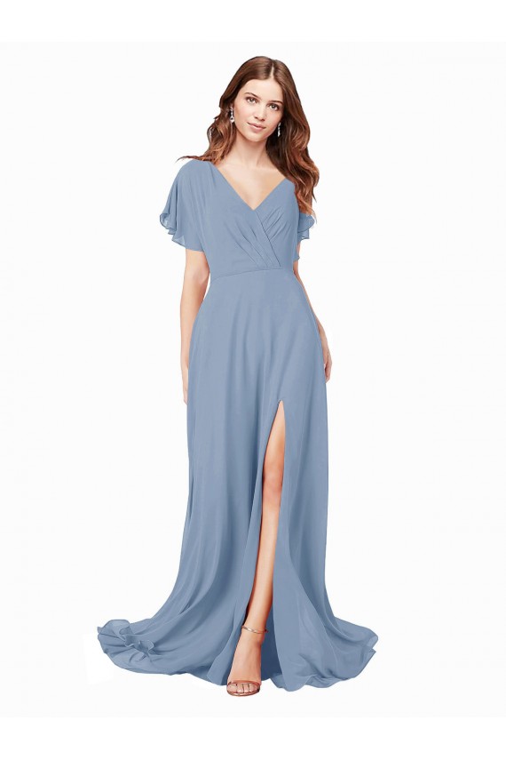 Azul polvoriento línea A Cuello en V Gasa Largo Vestidos de dama de honor / Vestidos de fiesta