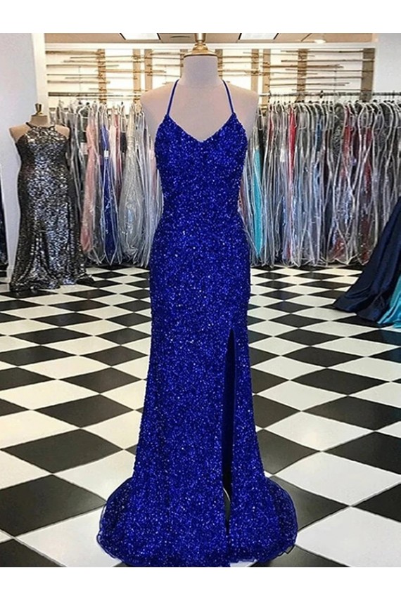 Azul real Cubierta Cuello en V Barrer tren Lentejuelas Terciopelo Largo Vestidos de fiesta