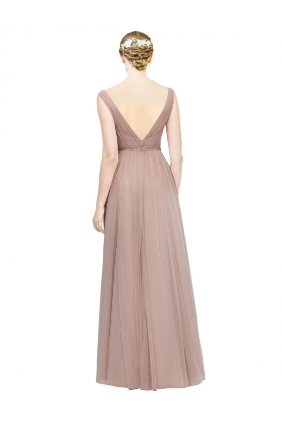 Blush línea A Cuello en V Tul Largo Vestidos de dama de honor