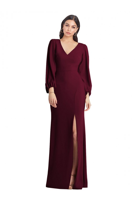Borgoña oscuro Trompeta Cuello en V Crepé Elástico Largo Vestidos de dama de honor / Vestidos de fiesta