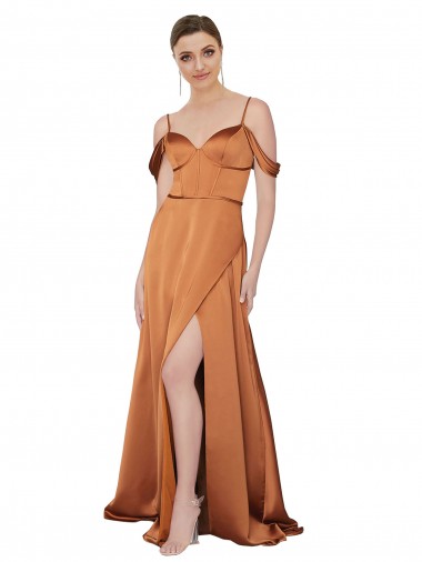 Naranja línea A Tirantes espagueti Satén sedoso Largo Formales Vestidos de dama de honor / Vestidos de fiesta