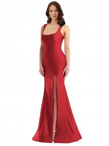 Rojo Sirena Cuadrado Satén sedoso Largo Formales Vestidos de dama de honor / Vestidos de fiesta