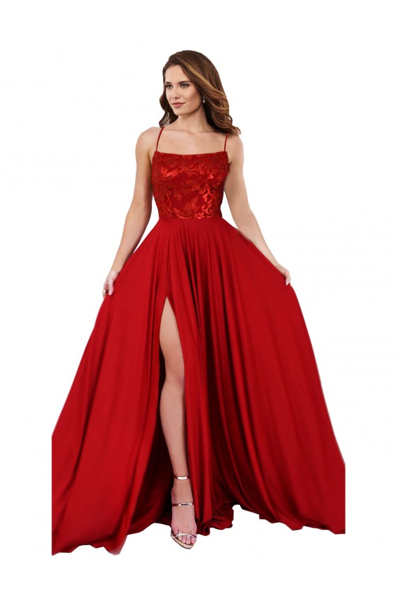 Rojo línea A Tirantes espagueti Cuadrado Spandex Encaje Largo Vestidos de dama de honor / Vestidos de fiesta