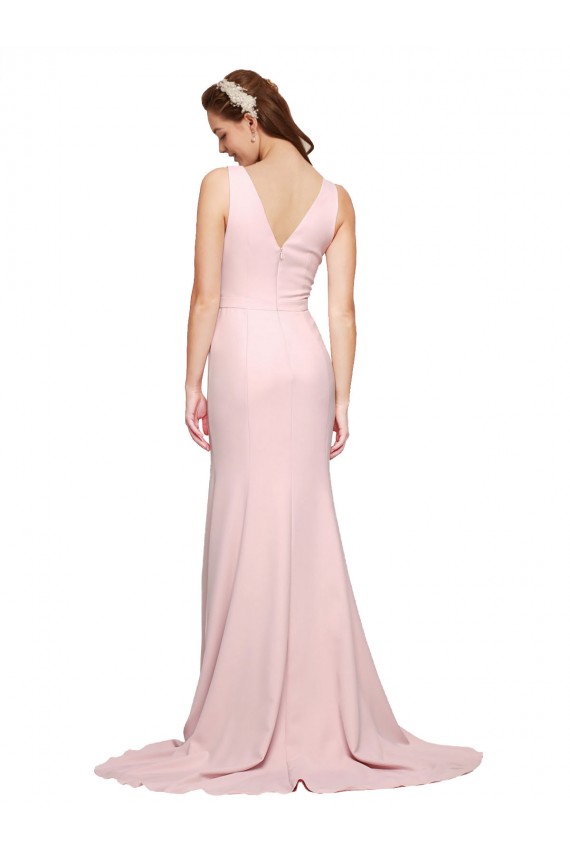 Rosa línea A Cuello en V Barrer tren Crepé Elástico Largo Vestidos de dama de honor / Vestidos de fiesta